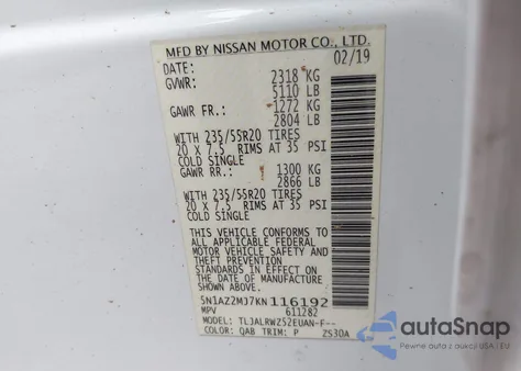 2019 Nissan Murano Sl z USA, uszkodzony, nr VIN 5N1AZ2MJ7KN116192